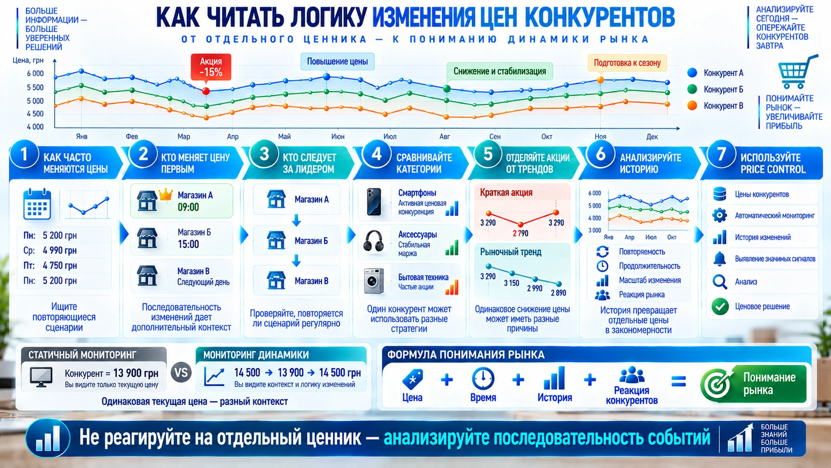 Инфографика о логике изменения цен конкурентов: частота изменений, ценовые лидеры, акции, тренды, история и реакция рынка.