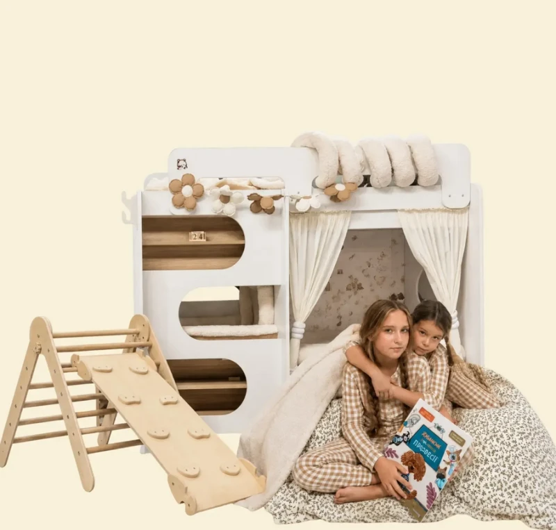 Двоярусне ліжко MAYSON Twin Bed з ігровою зоною, шторками і плюшевим канатом уздовж бортика