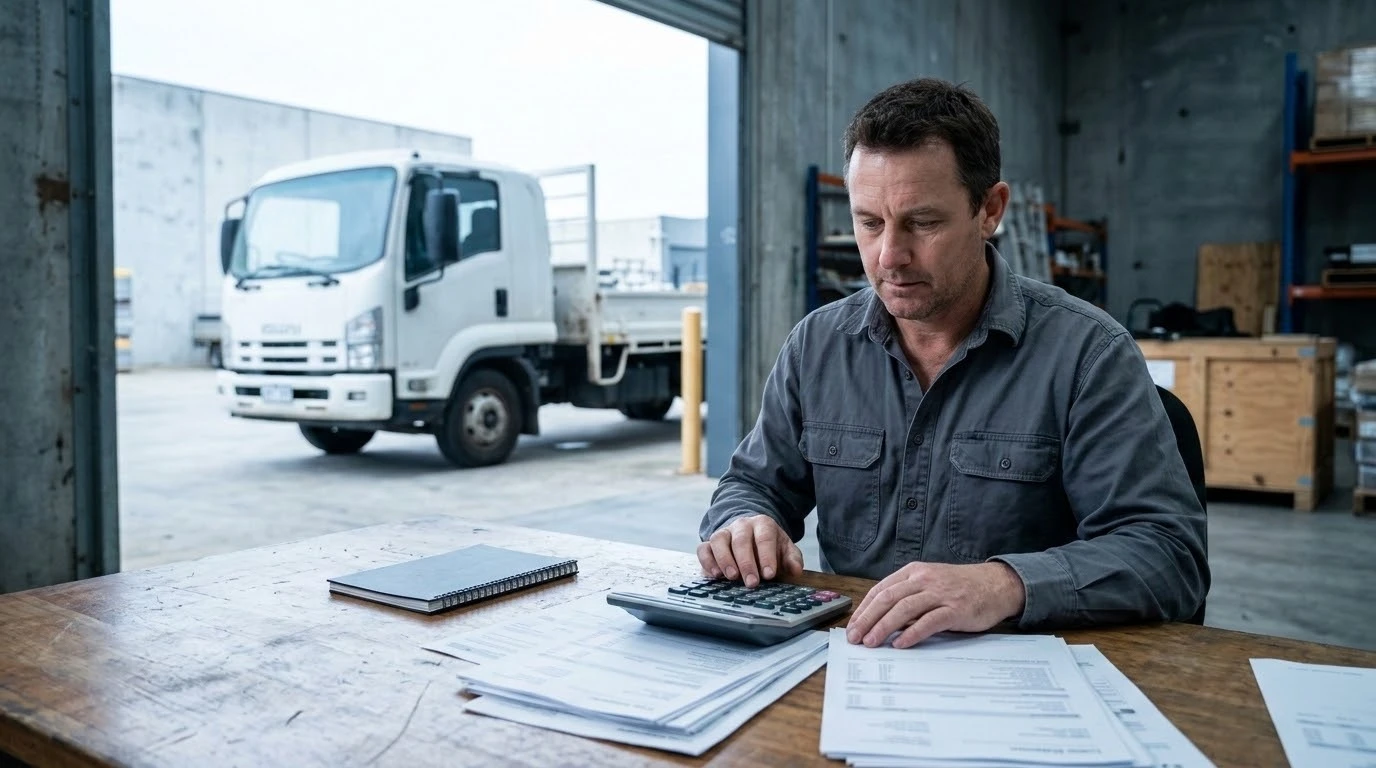 An Australian small-business operator in a plain work shirt sits at a timber desk with printed loan statements and a calculator. Through a warehouse doorway behind them, a white rigid work truck is parked in a concrete yard. A closed notebook sits to one side, unopened, suggesting money not yet spent. Overcast Melbourne-style daylight, muted blues and greys, documentary feel, shallow depth of field, no gold, no luxury styling, no readable text, no logos, no watermarks, photorealistic editorial photo, 16:9 aspect ratio.