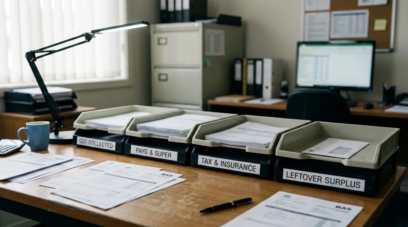 Photorealistic photo of an accountant’s desk in a modest Australian office. Four labelled trays or folders sit in a row, contents blurred, suggesting GST, super, tax, and a leftover surplus envelope that is almost empty. BAS-style printouts out of focus, a simple mug, LED desk lamp mixed with daylight. Calm, practical, no gold, no crypto graphics, no readable ATO text, no logos, 16:9 aspect ratio.