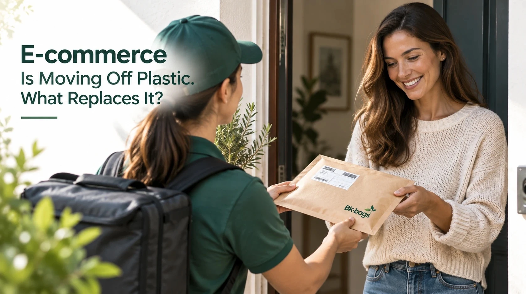 Courier handing a paper padded mailer to a customer at the door, a plastic-free alternative to the poly mailer