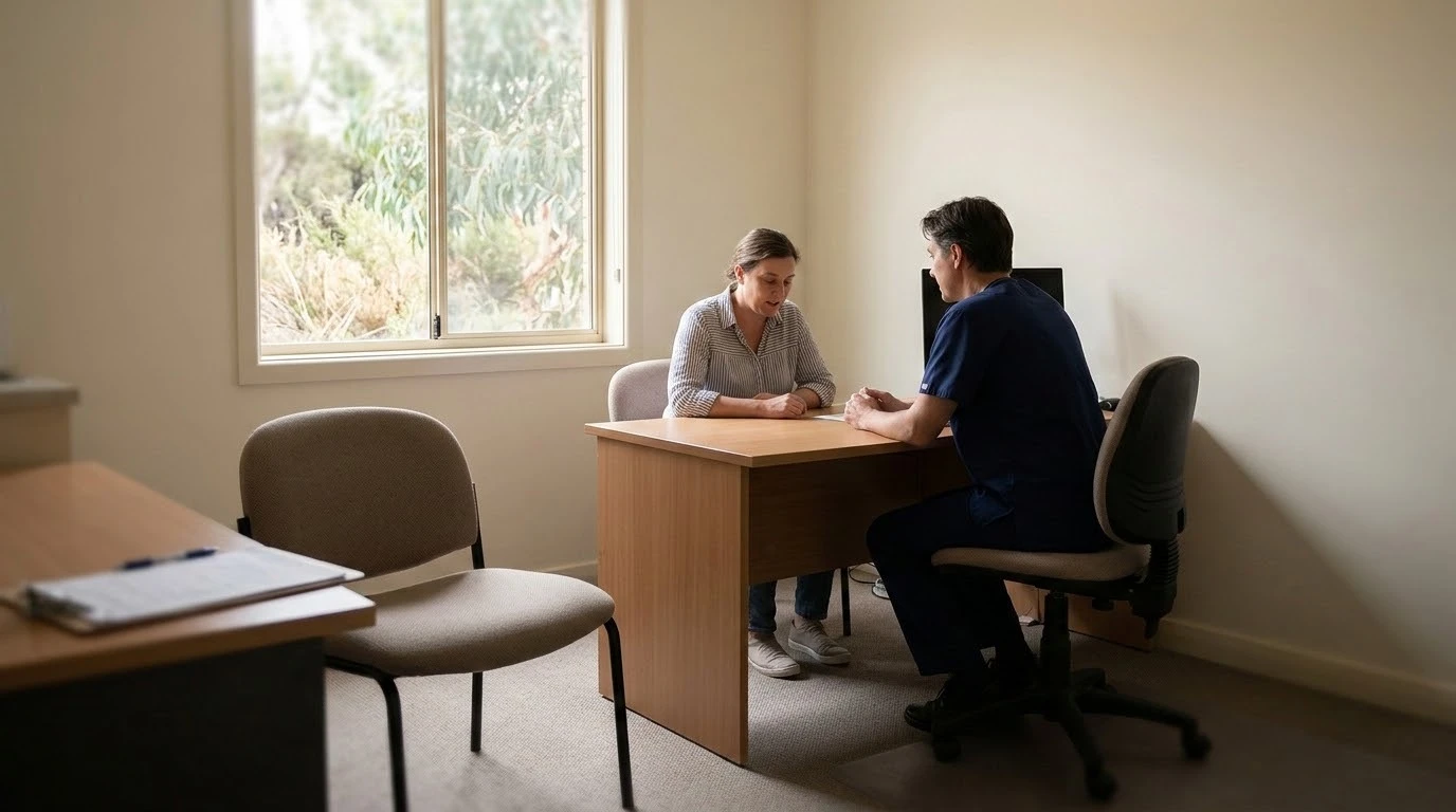 A 16:9 landscape photograph inside an Australian GP consulting room. A doctor and a patient sit at a slight angle across a desk, small in a wider room, not facing the camera. A window, a chair, and a blurred clipboard give the frame breathing room. Attentive and ordinary, like a real consult, not a posed smile. Soft window light, neutral colours. No readable writing, no logos, no watermarks.