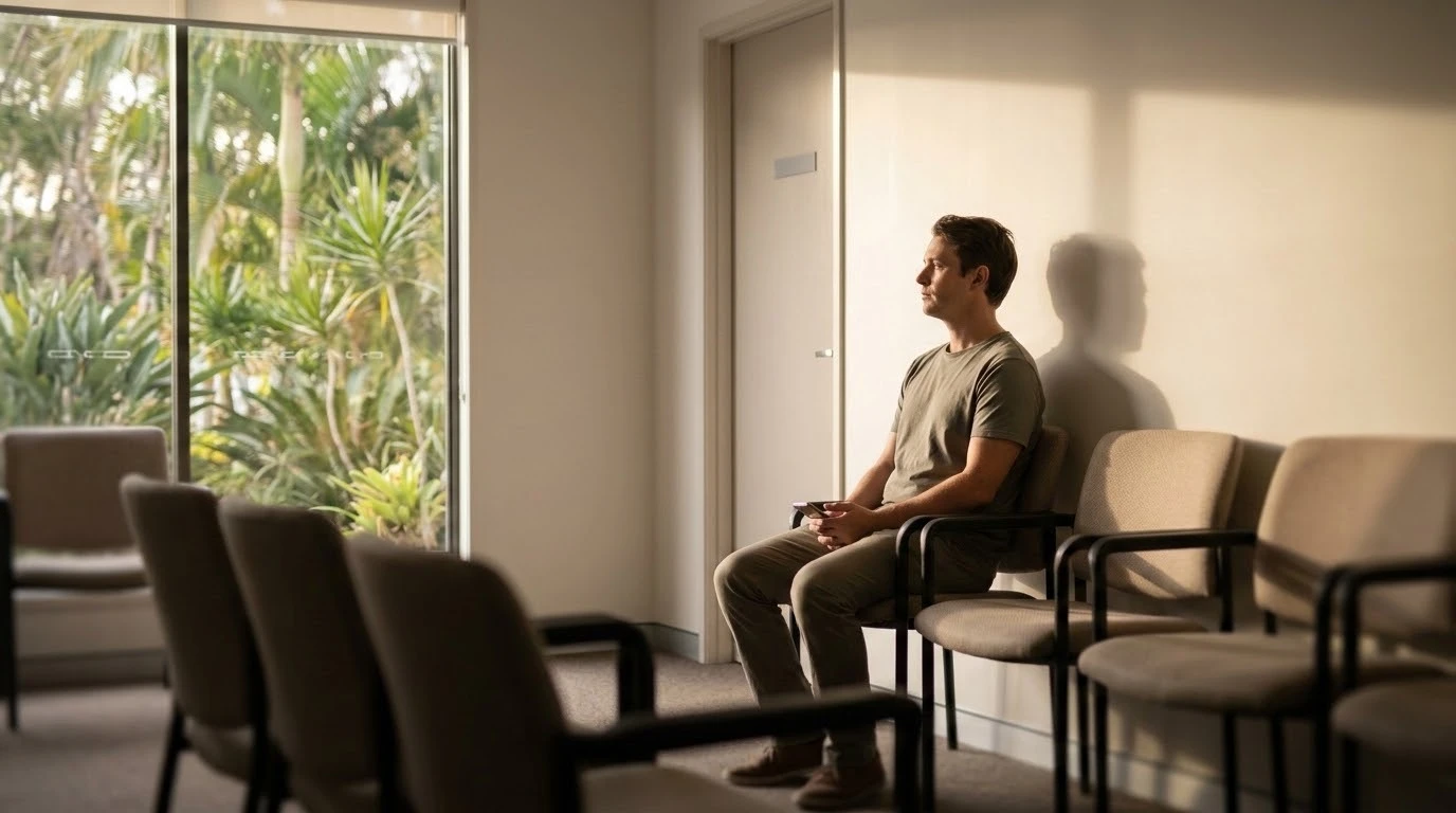A wide 16:9 landscape editorial photograph of a quiet Australian GP waiting room on the Sunshine Coast in late-afternoon light. A person in their 30s sits off-centre with a phone in their lap, looking toward the consultation room door, calm but slightly tense. Soft subtropical greenery fills the window on the other side of the frame. Warm natural colours, shallow depth of field, respectful and unposed. No text, no logos, no medical branding.