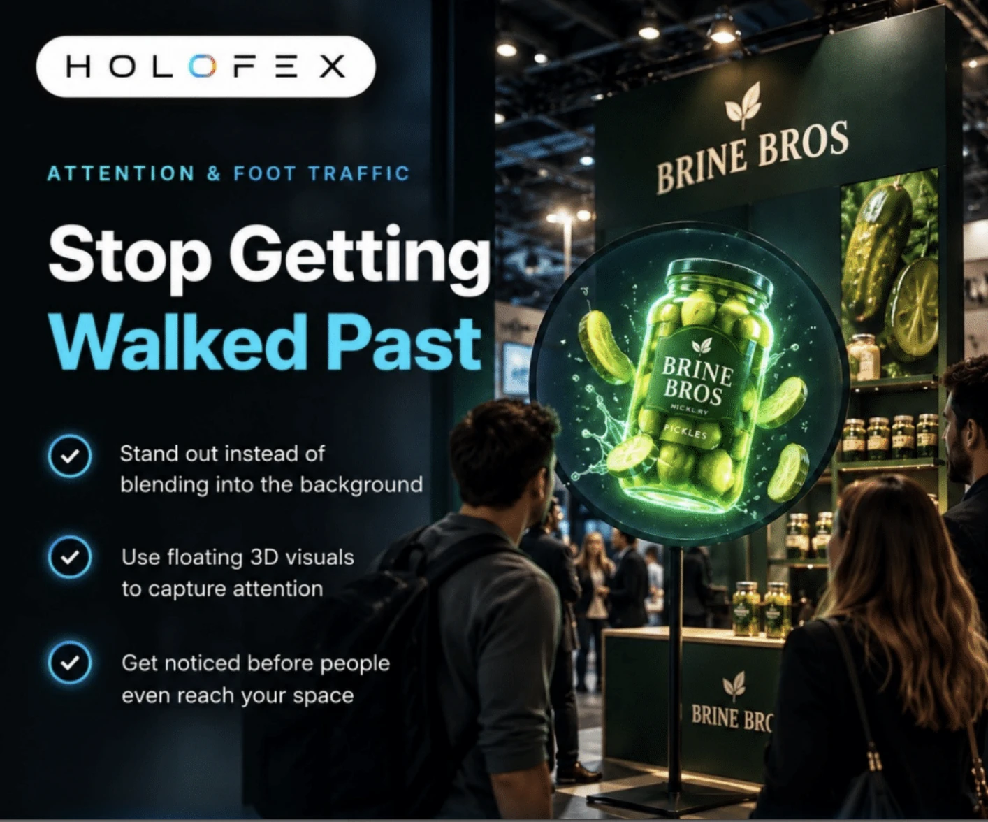 Holofex Hologram fan at trade booth. people looking at the hologram.