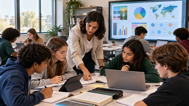 Teacher guides students using a combination of digital devices, printed materials and collaborative activities in a modern classroom