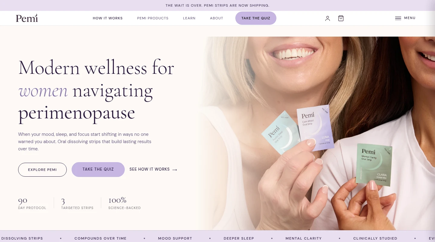 Pemi homepage showing the three oral strips