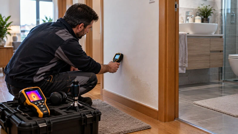 agua Técnico utiliza um medidor de humidade para investigar uma possível fuga de água escondida numa parede.