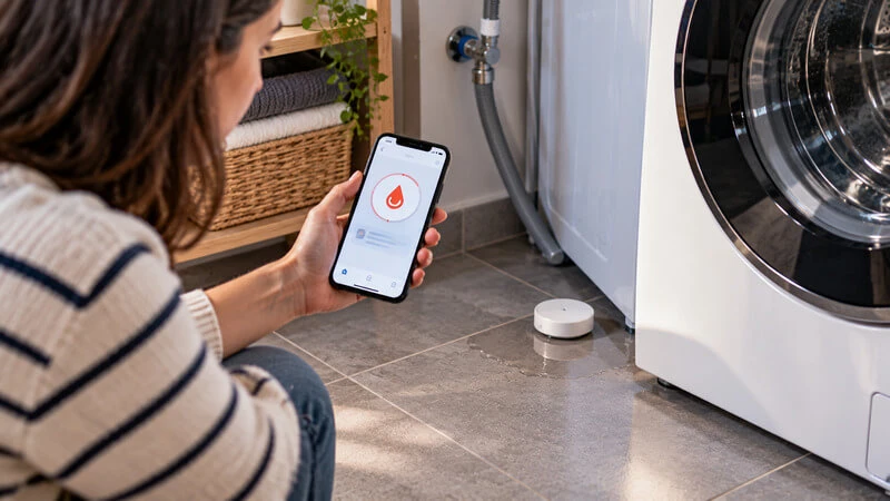 agua Sensor inteligente junto a uma máquina de lavar deteta água e envia um alerta para o smartphone do utilizador