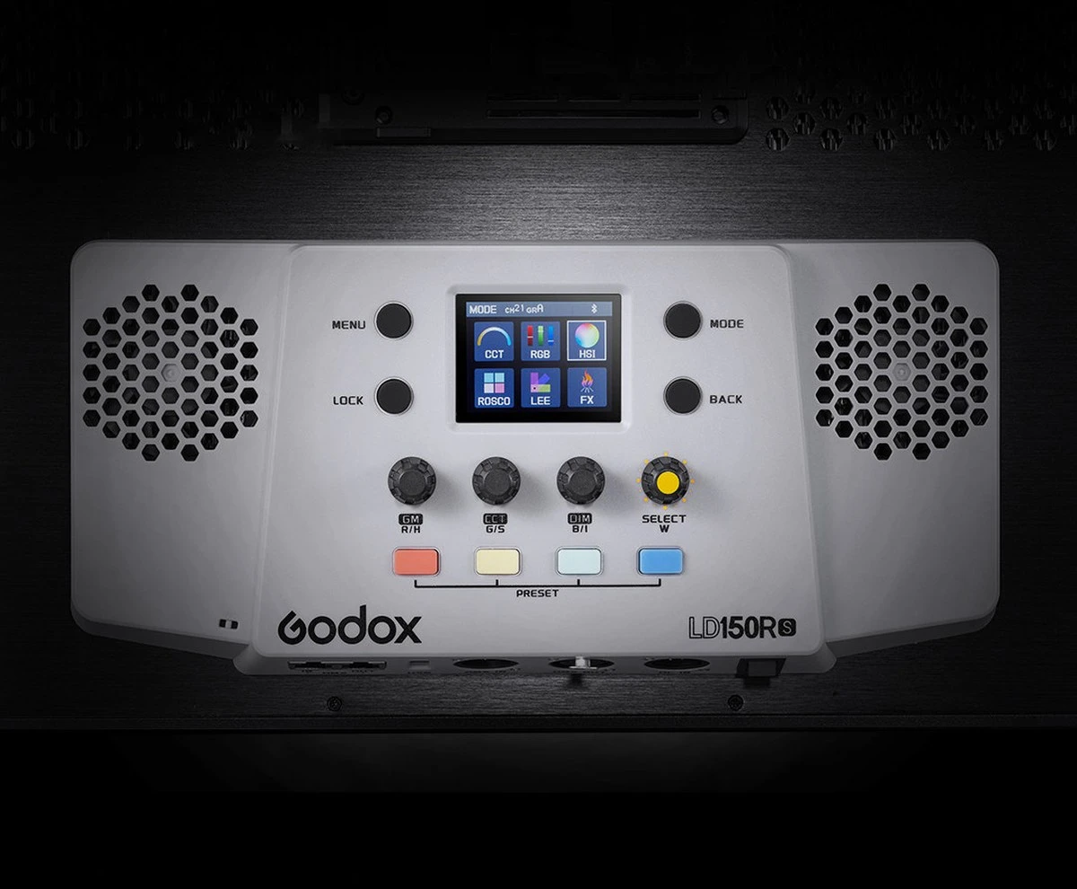 Задня панель керування світлодіодної панелі Godox LD150RS з кольоровим дисплеєм, чотирма поворотними енкодерами та кольоровими кнопками швидких пресетів