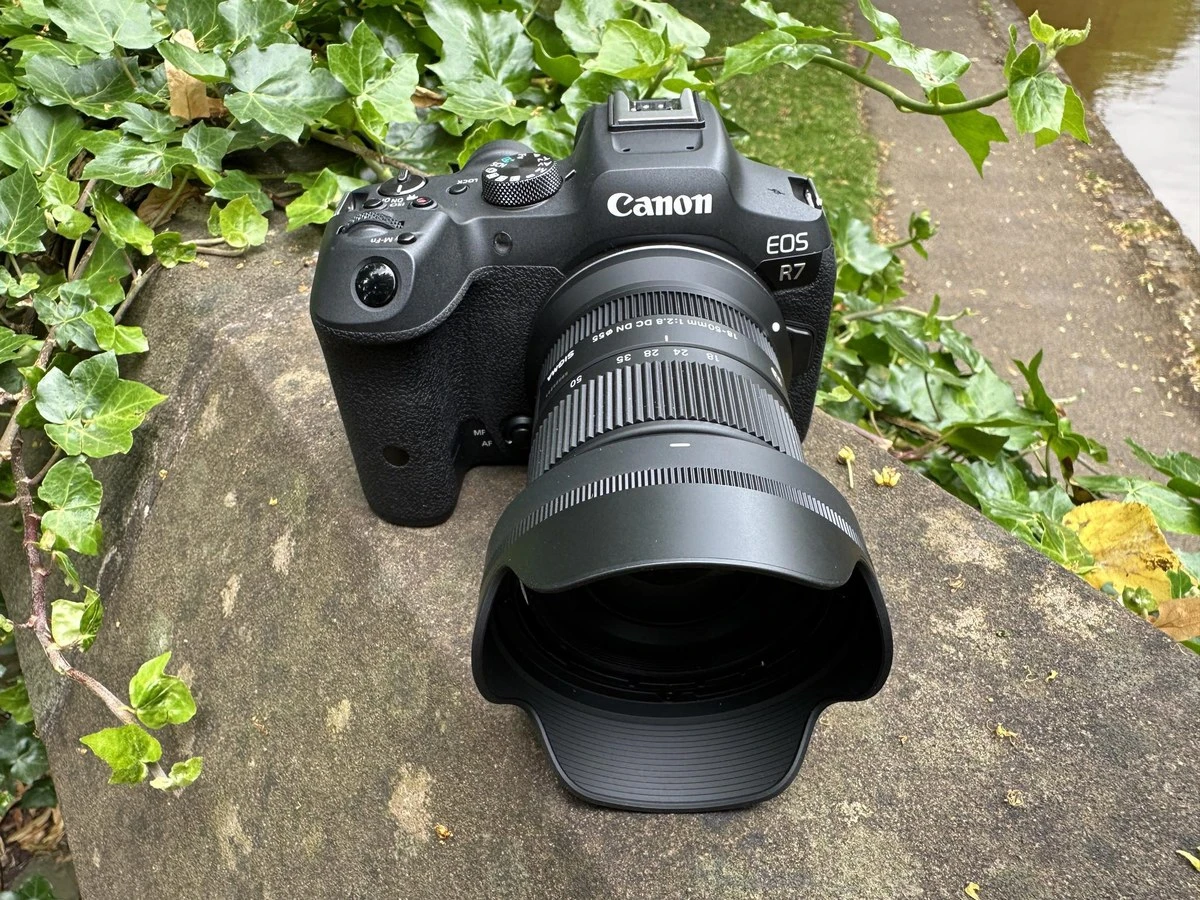 Камера Canon EOS R7 с установленным объективом Sigma 18-50mm f/2.8 DC DN Contemporary и лепестковой блендой LH582-02 на каменном парапете с зеленью плюща