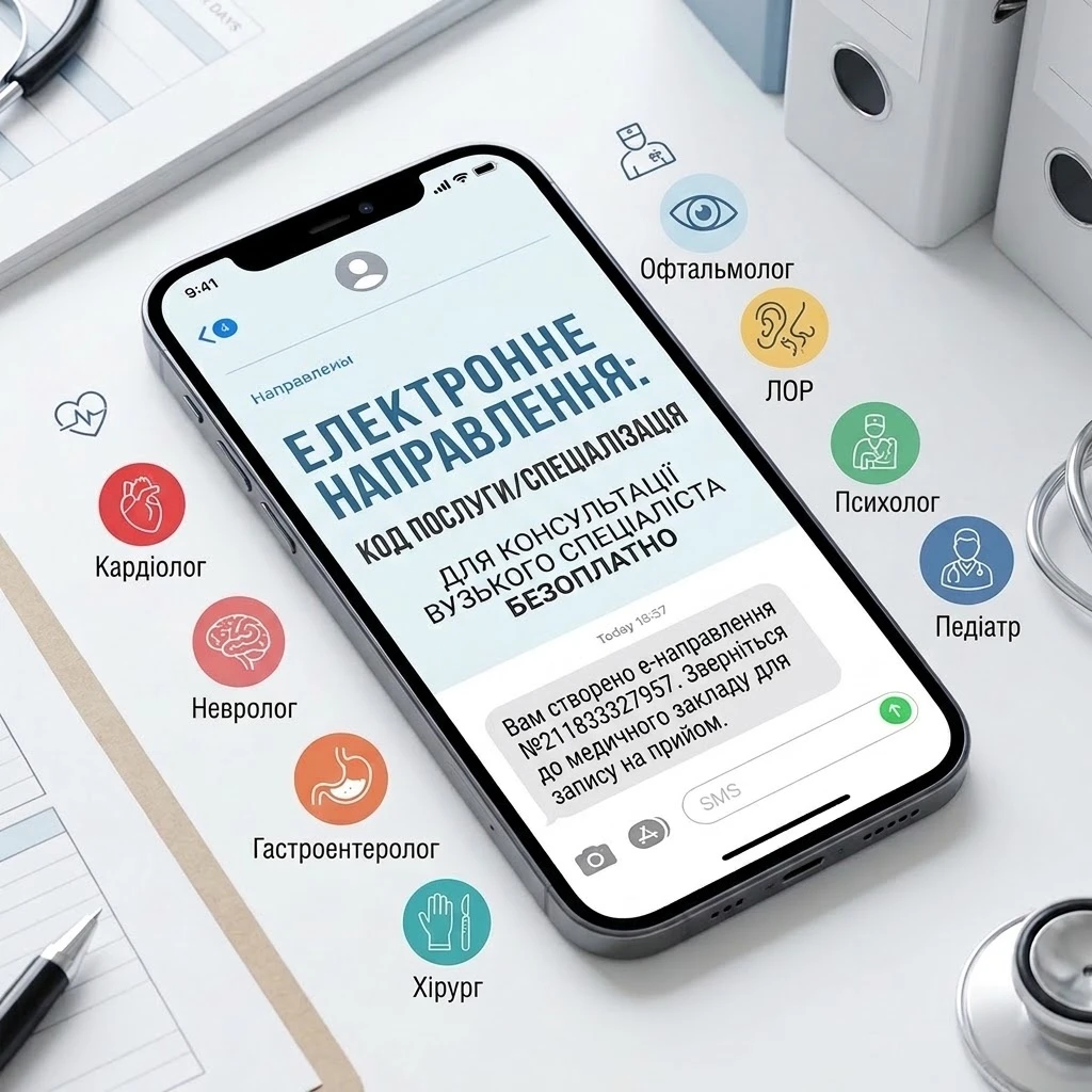 Зображення екрана смартфона з електронним направленням для безкоштовної консультації вузького спеціаліста в Україні, з українським текстом та медичними піктограмами.
