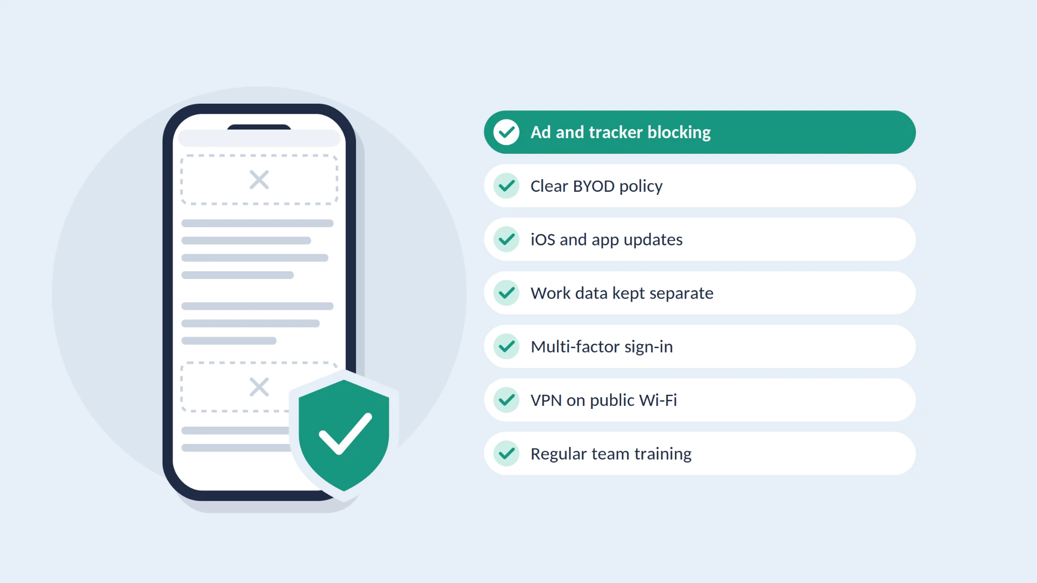 Checklist of seven steps to secure employees' iPhones, starting with ad and tracker blocking