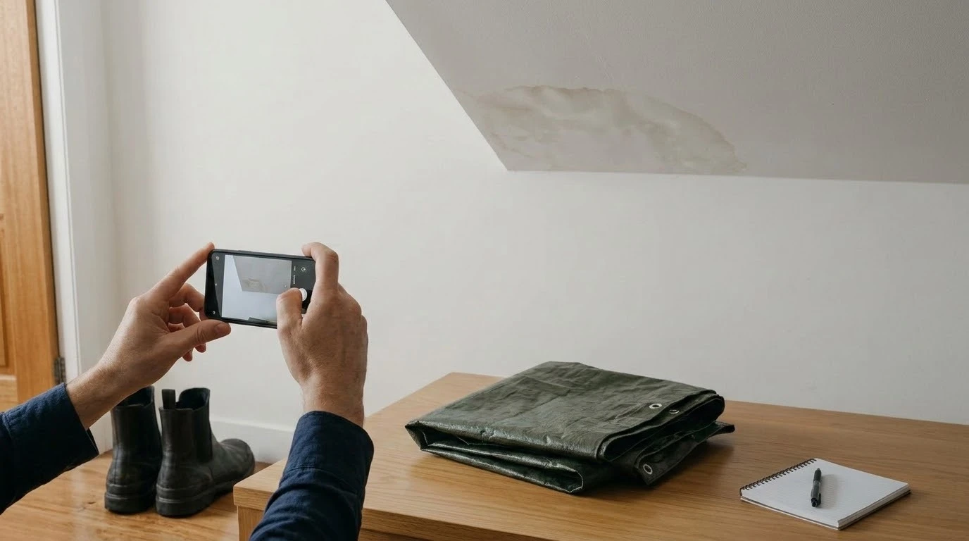A minimalist photorealistic editorial photograph, 16:9, of a Sydney homeowner’s hands holding a phone, photographing fresh water staining on a white ceiling after a storm. Wet boots by the door, a folded tarp and a notebook on a timber table. Soft indoor light, muted colours, documentary feel. Face not visible. No readable text, no logos, no insurer branding.