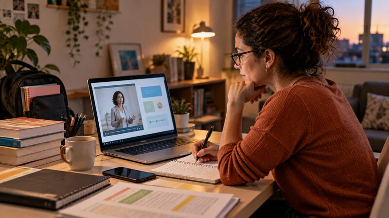 Professora brasileira acompanha formação online pelo computador e faz anotações em seu espaço de estudo em casa