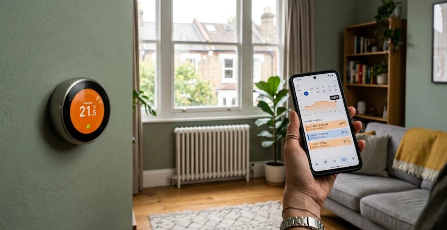 Gas Safe heating engineer fitting a smart radiator valve in a West London living room