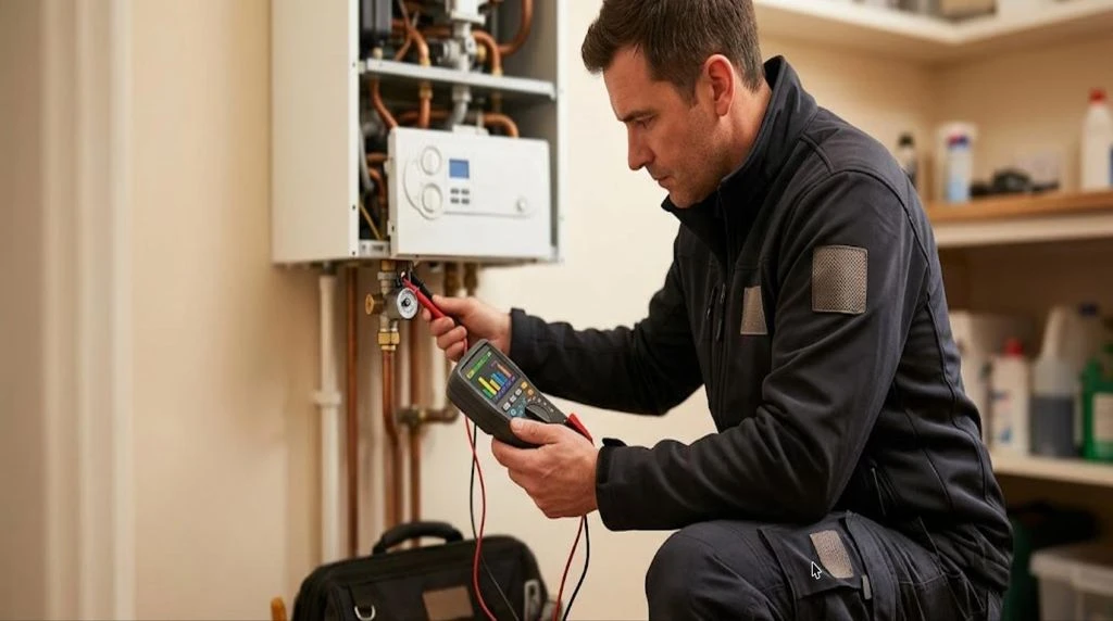 Gas Safe registered engineer inspecting a wall-mounted boiler in a London home