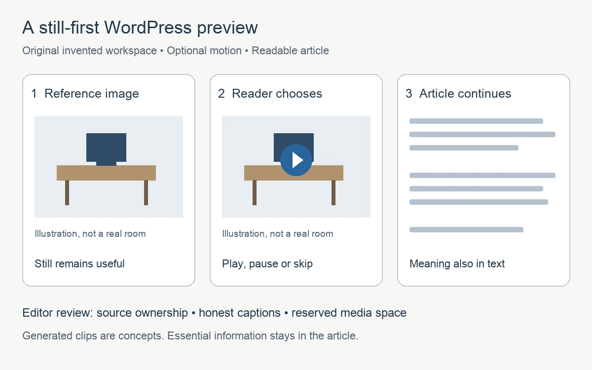 An editorial workflow leads from an original still image and asset sheet to a WordPress preview, an optional labelled motion version and a review of the published layout.