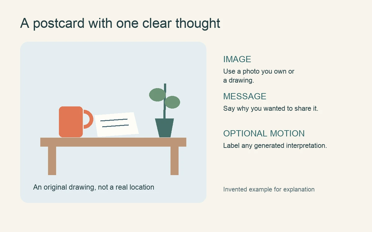 A digital postcard combines a clear written message and an owned still image, with a separate optional motion concept carrying a visible generated label.