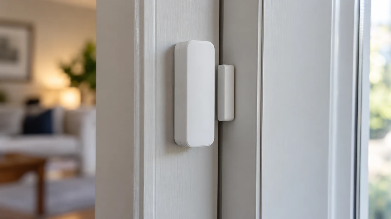White wireless door sensor and magnet mounted on a door frame