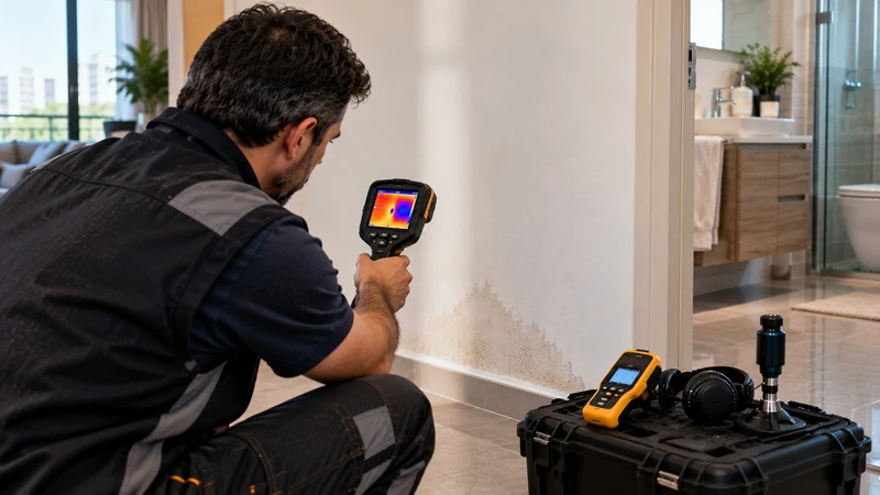 Técnico utiliza uma câmera termográfica para investigar uma possível fuga de água oculta sem quebrar a parede.