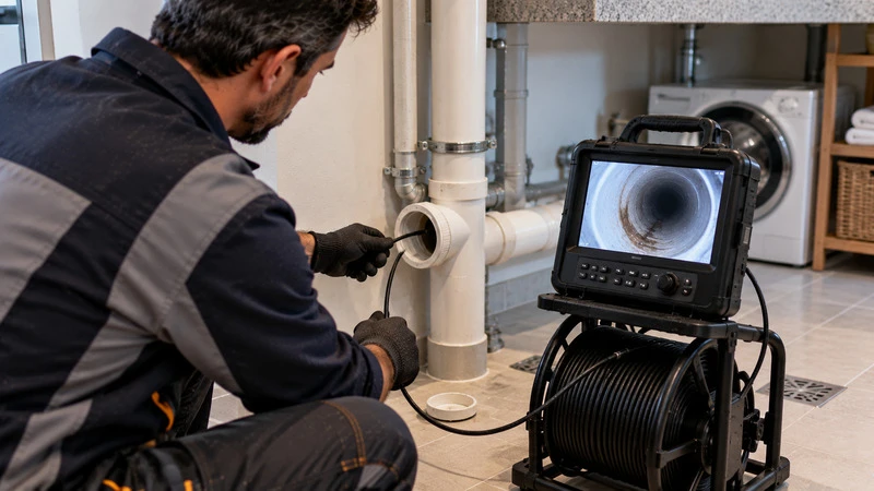 Técnico utiliza uma câmera de inspeção por vídeo para observar o interior de uma tubulação acessível.