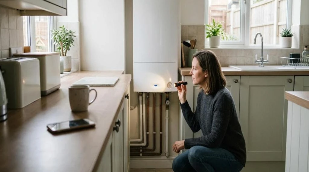 Homeowner checking the pressure dial on a wall-mounted combi boiler with a small torch