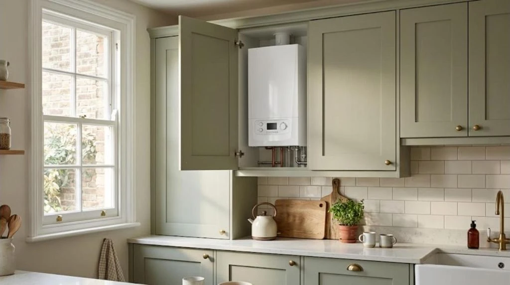 Modern white combi boiler fitted in a kitchen cupboard in a bright London home