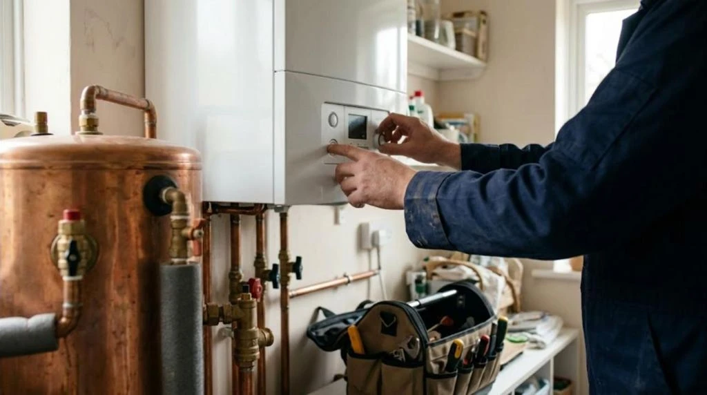Heating engineer adjusting boiler controls beside a copper hot water cylinder