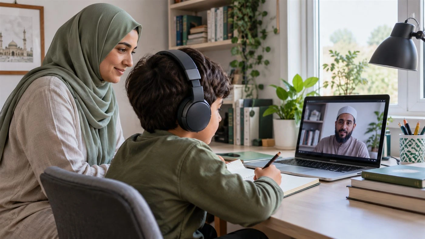 A child taking a supervised one-to-one online Quran lesson at home