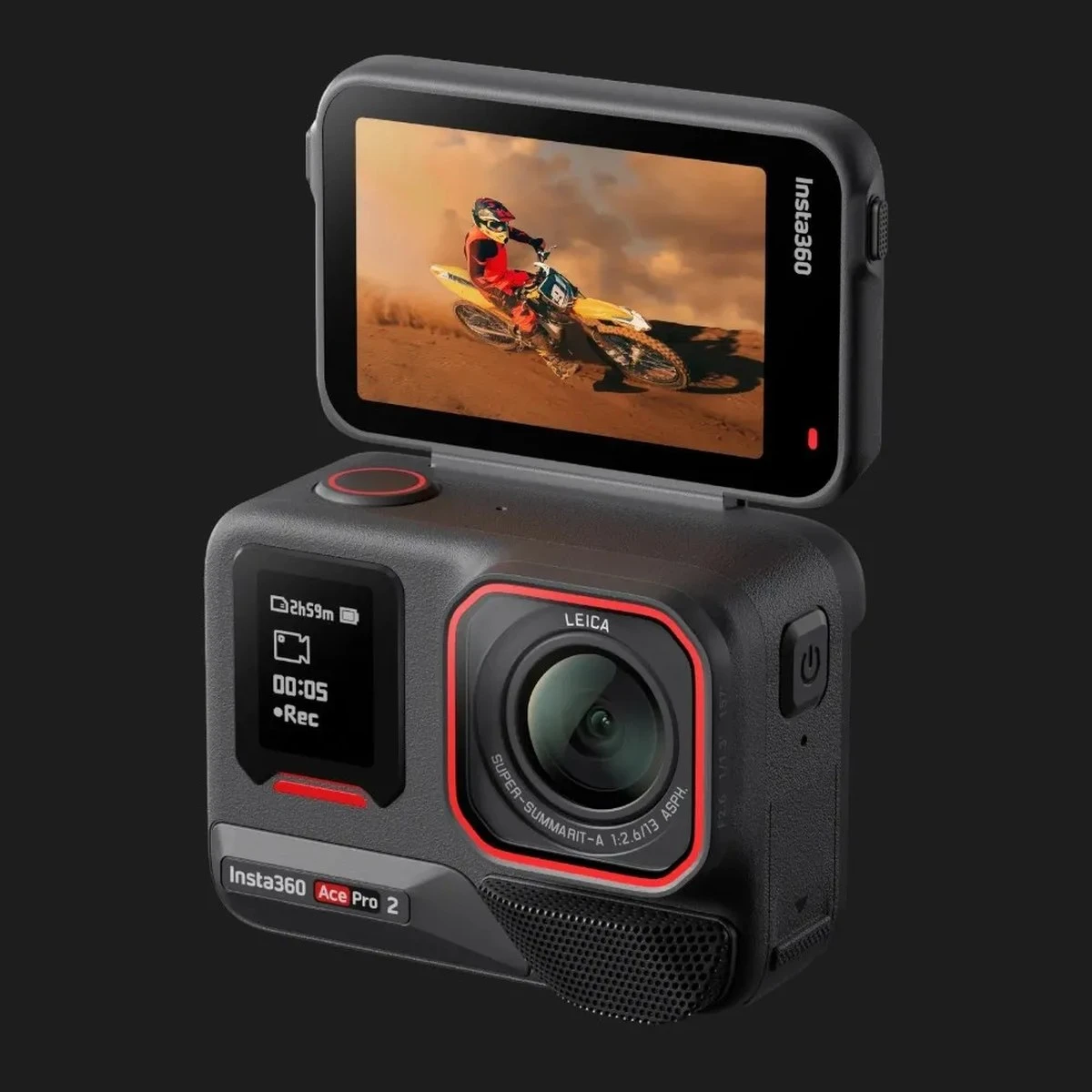 Описание: Камера Insta360 Ace Pro 2 з піднятим відкидним 2.5-дюймовим екраном Flip Screen та об'єктивом Leica