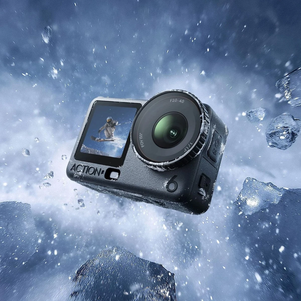 Описание: Екшн-камера DJI Osmo Action 6 із лінзою змінної діафрагми f/2.0-f/4.0 та монолітним дисплеєм у динамічному русі