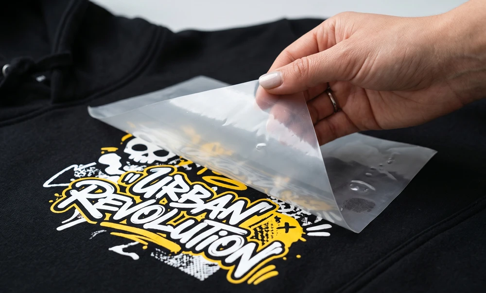 Operator heat pressing a DTF transfer onto a T-shirt