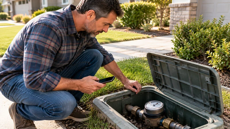 Homeowner checking an outdoor residential water meter to see whether water consumption continues when household fixtures are turned off