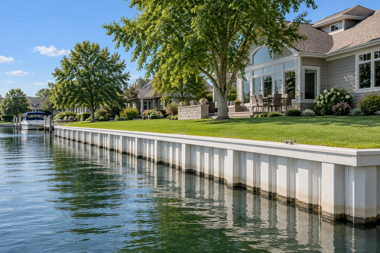 Clean vinyl bulkhead protecting a sunny residential waterfront shoreline