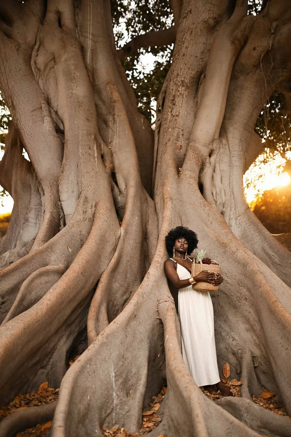 12 Hidden Gems In Valencia For A Different Experience 2 Woman in a white dress holding a basket of fruit among the roots of a giant ficus tree in Valencia at sunset