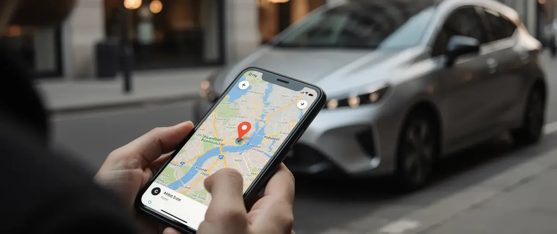 Смартфон із застосунком каршерінгу в руці на тлі припаркованого автомобіля