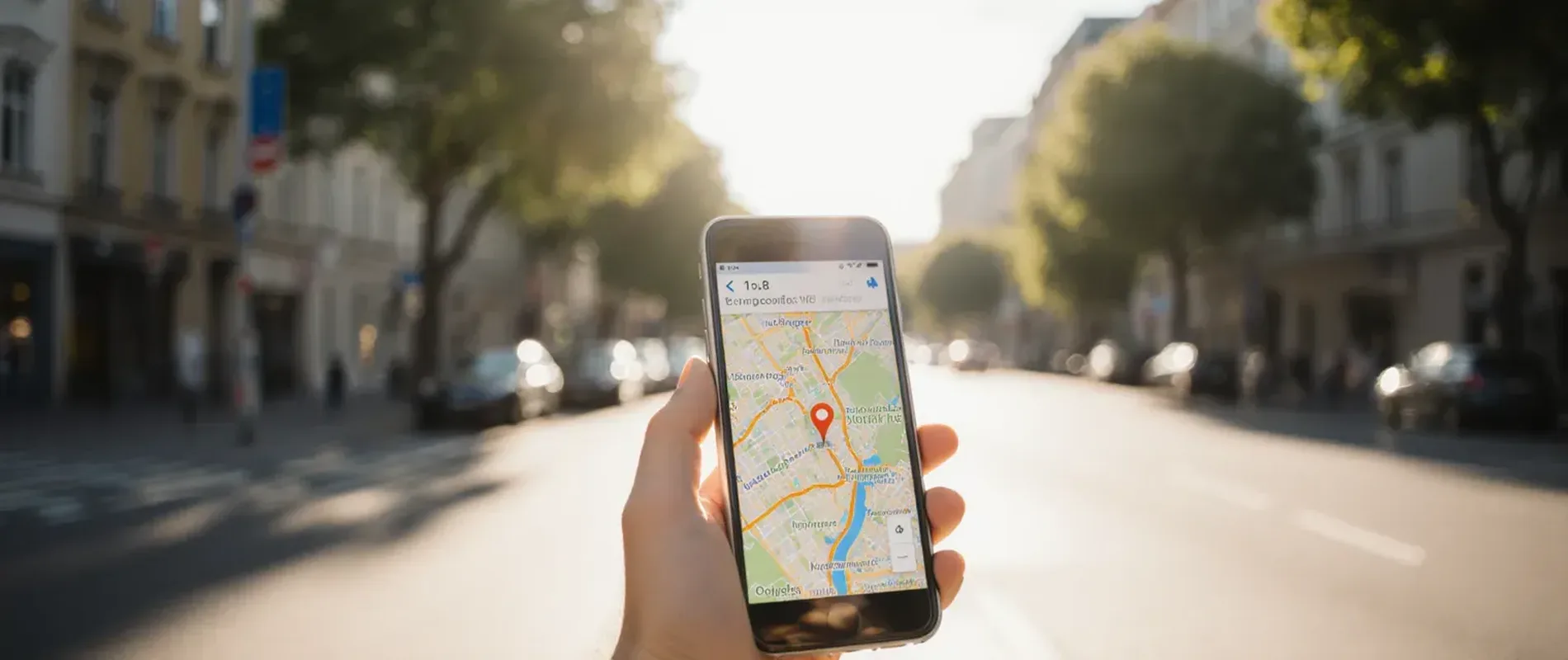 M&acirc;nă care ține un smartphone cu harta orașului pe o stradă &icirc;nsorită