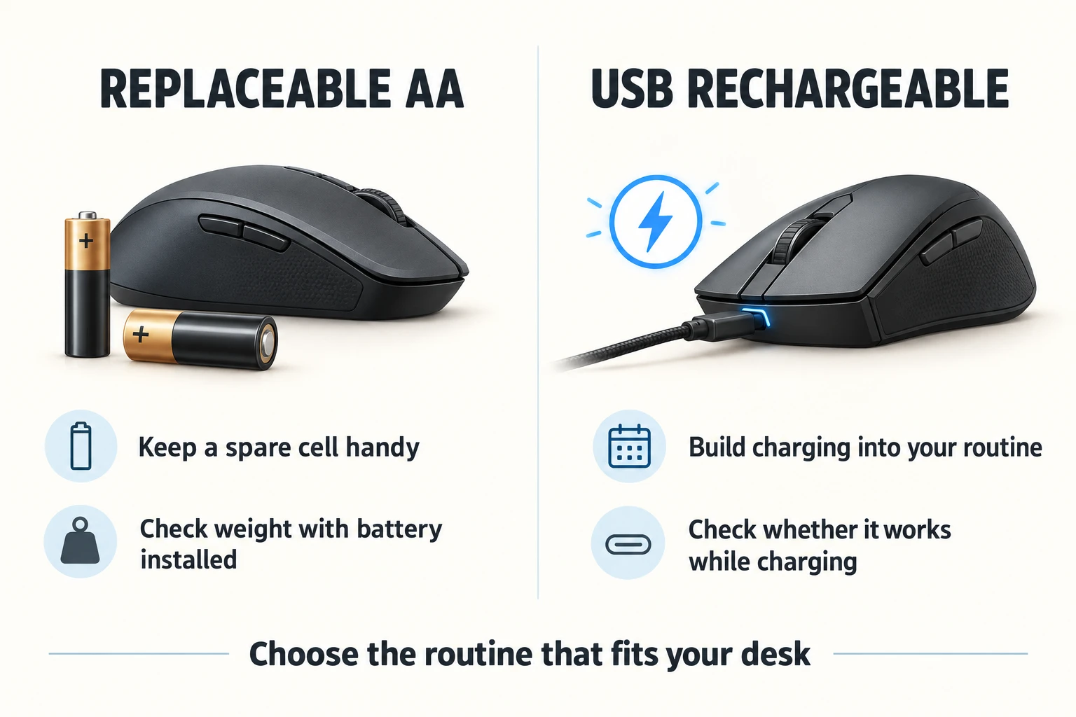Comparison of replaceable AA batteries and USB-rechargeable gaming mice, with reminders about spare cells, installed weight, and charging
