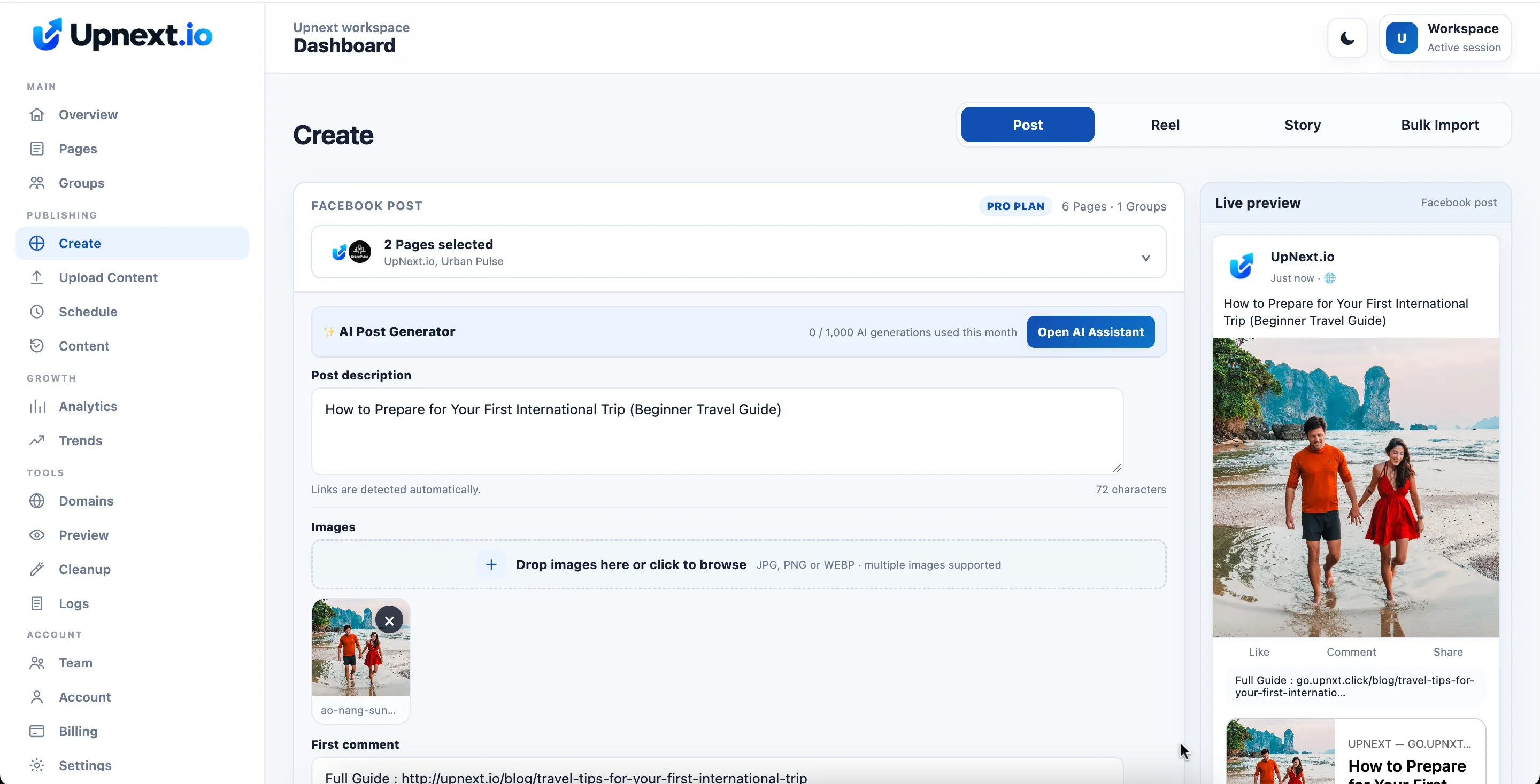 UpNext post composer with two Facebook Pages selected and a live post preview