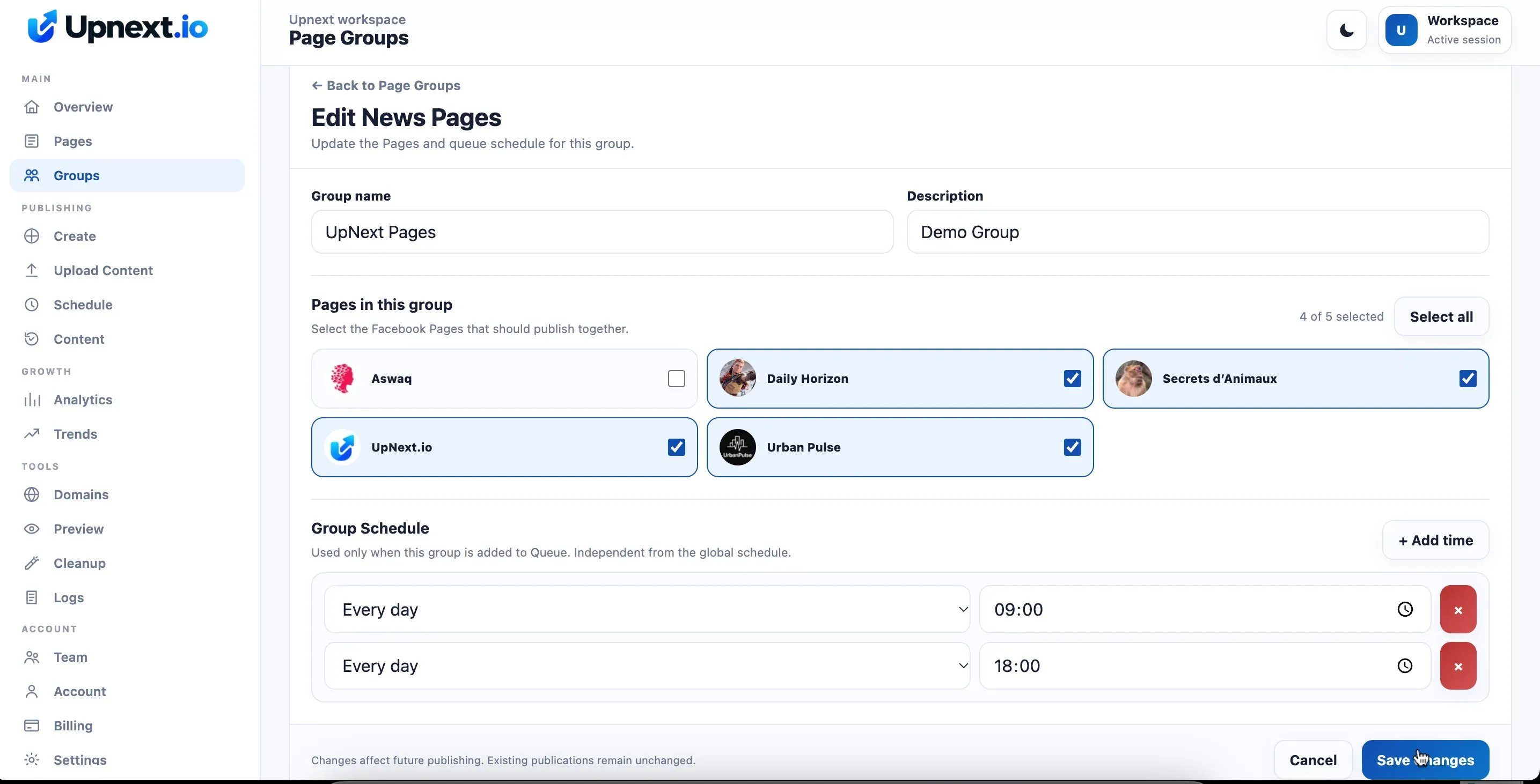 UpNext Page Group settings with selected Facebook Pages and daily publishing times
