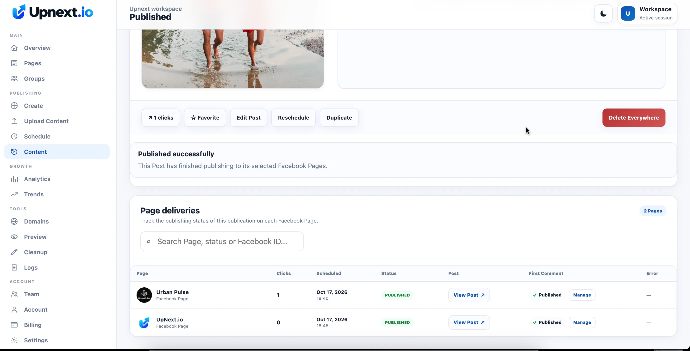 1. UpNext delivery results showing a post successfully published to two Facebook Pages