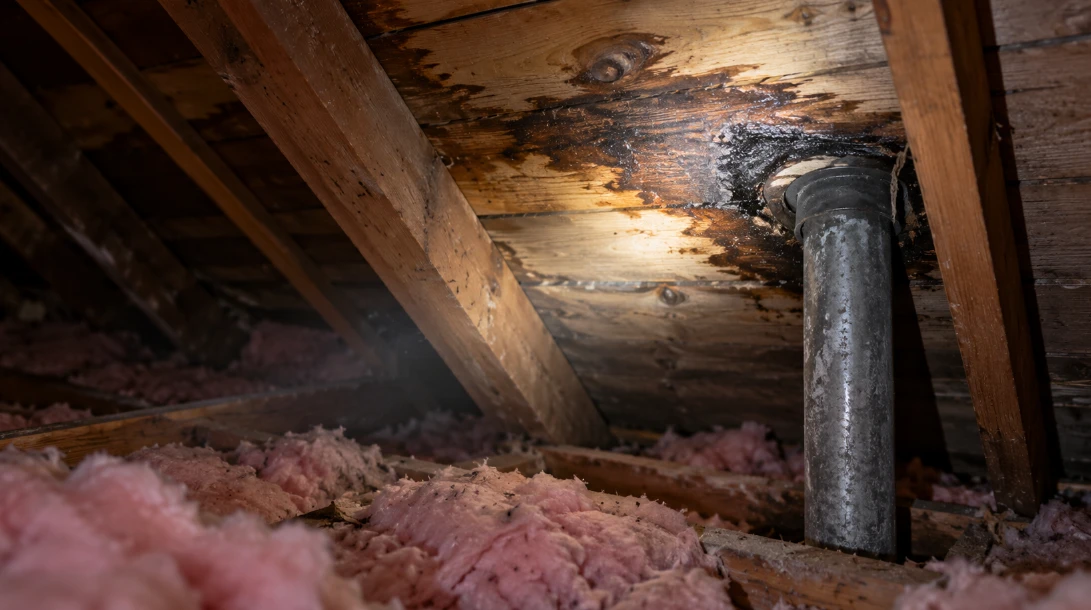 Flashlight shining on a water stain across attic roof decking next to a vent pipe and insulation