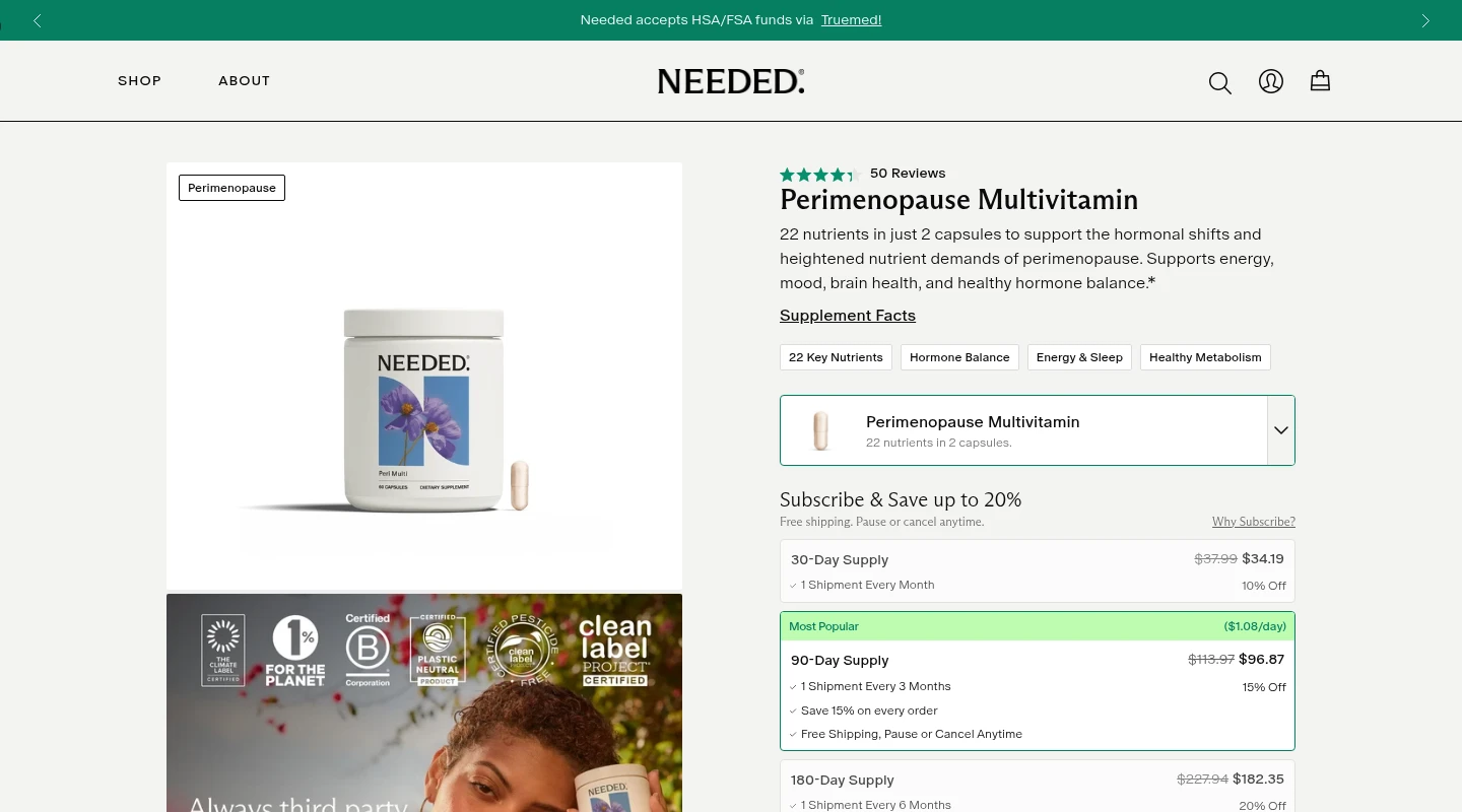 Screenshot of the Perimenopause Multivitamin page at thisisneeded.com