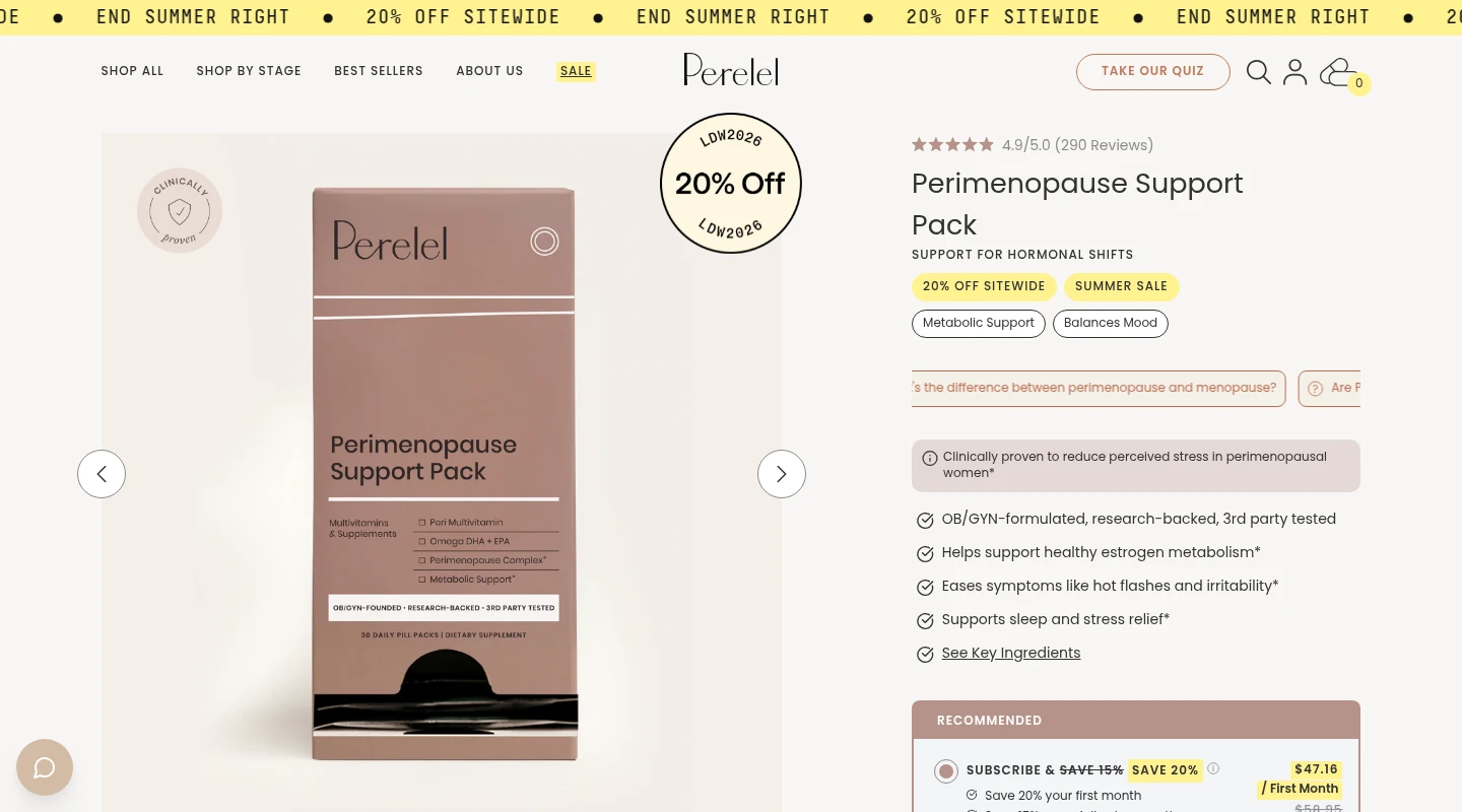 Screenshot of the Perimenopause Support Pack page at perelelhealth.com