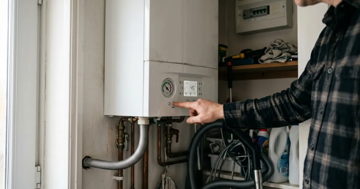 Homeowner pressing the reset button and checking the pressure gauge on a combi boiler