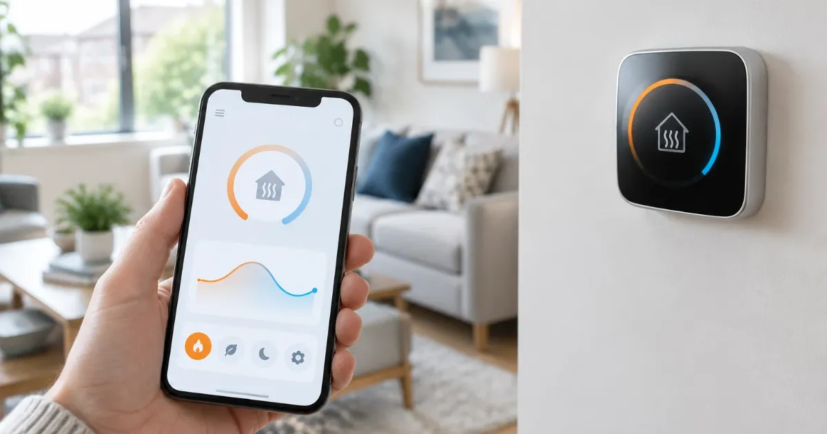 Smartphone showing a heating control app with a temperature graph in front of a wall thermostat