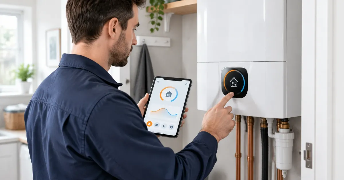 Technician checking the display of a wall-mounted combi boiler with a tablet