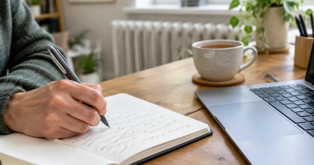 Hand writing a fault-finding log in a notebook beside a laptop with a radiator behind