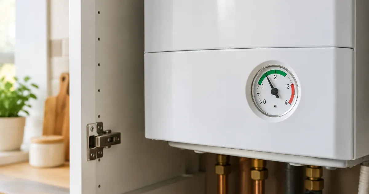Close-up of a boiler pressure gauge with the needle in the green zone
