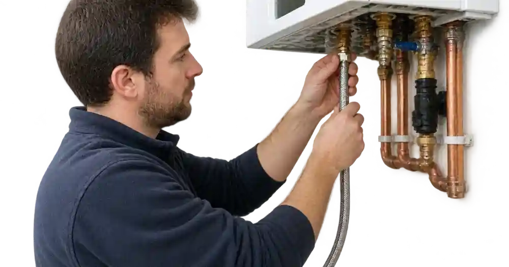 Man connecting a braided filling loop under a wall-mounted boiler to repressurise the system
